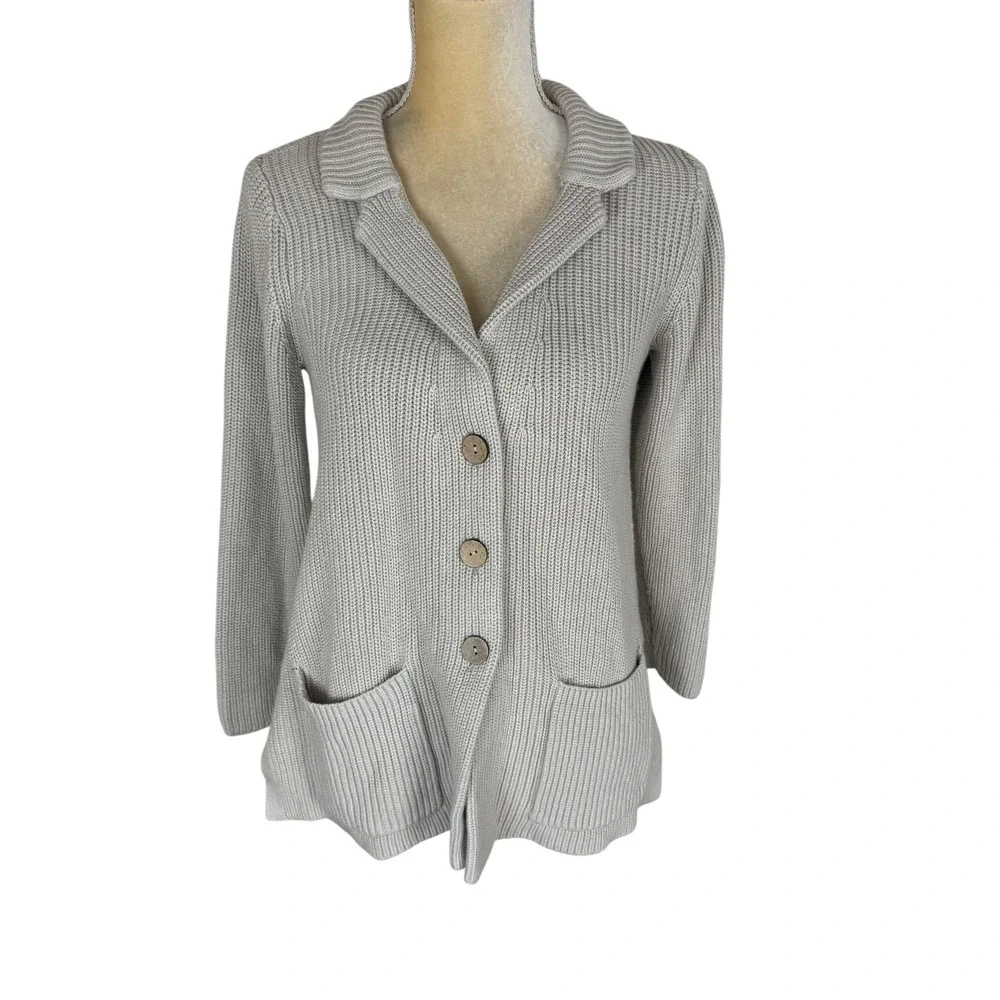 J.Jill Button‎ Front Knit Cardigan Sweater Pockets Collar Beige Cotton Blend S